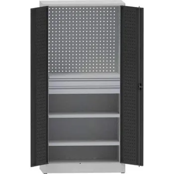 Dílenská skříň na nářadí, v x š x h: 1950x950x500 mm, perforované panely, 2 x police, 2 x zásuvka, barva šedá RAL7035/antracit RAL7016