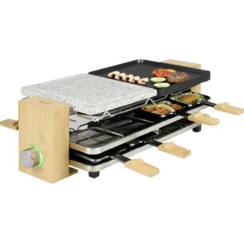 Princess Pure 8 raclette gril nepřilnavý povlak, 8 pánví černá, kamenná, bambusová