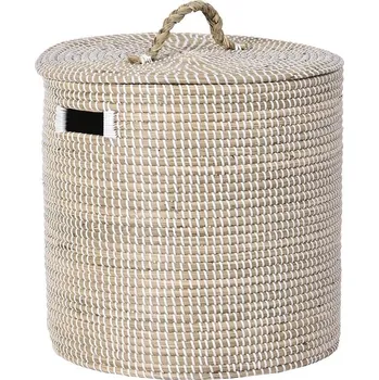 Organizér do auta Úložný košík s víkem DKD Home Decor Mořská tráva Přírodní Bílá (42 x 42 x 48 cm)