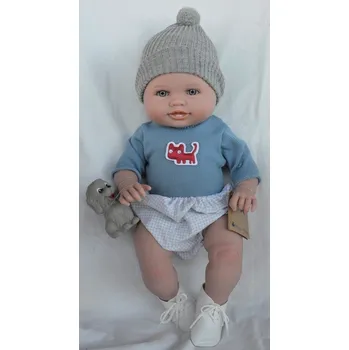 Panenka Realistické miminko - chlapeček Dani se zoubky v modrém svetříku s kočičkou od firmy Lamagik (Realistická miminka ze Španělska)