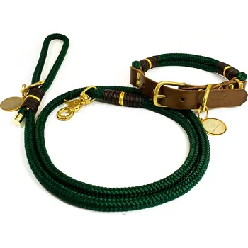 Vodítko pro psa SvětTlapky Elegantní vodítko s obojkem pro psy KIRA RUKOJEŤ SET - Zelené s koženým motáním 1,4m Velikost setu (plíšek není součástí produktu): M