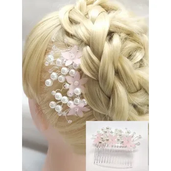 Ozdoba do vlasů Hřebínek do vlasů Ariana svatební s růžovými kvítky a perličkami BH26