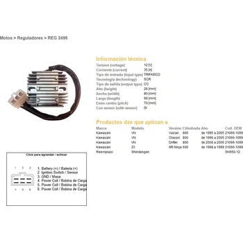 Elektroinstalace pro motocykl DZE regulátor napětí KAWASAKI VN 800 VULKAN 95-05; VN 800 CLASSIC 96-05; VN 800 unašeč 00-06; ZX6R 98-92 (35A) (ESR263) (OEM:21066-1099) (SH650-12) (DZE regulátor napětí KAWASAKI VN 800 VULKAN 95-05; VN 800 CLASSIC 96-05; VN 800 unašeč 00-06; ZX6R 98-92)