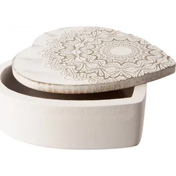 Úložný box Box dřevo srdce mandala bílý/hnědý 15x15x6 cm