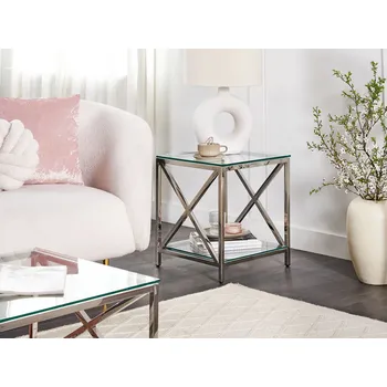 Obývací pokoj Odkládací stolek průhledný skleněná deska stříbrný ocelový rám 50 x 45 cm glamour moderní obývací pokoj ložnice předsíň Beliani
