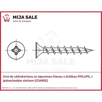 Vrut P 3,9x 35 Vrut do sádrokartonu se zápustnou hlavou a drážkou PHILLIPS, s jednochodým závi