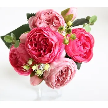 umělá květina Umělá kytice pivoňek - 5 květů s poupaty (A) Barva: růžová dvoubarevná