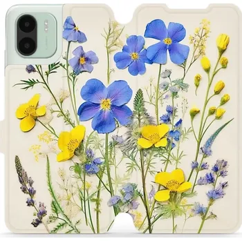Pouzdro na mobilní telefon Flipové pouzdro Mobiwear - Xiaomi Redmi A2 - VP41S Modré a žluté kvítky (Knížkové flip pouzdro, obal, kryt na mobil Xiaomi Redmi A2 - VP41S Modré a žluté kvítky, materiál Umělá kůže + TPU - ochrana 360°, stojánek, silikonová vanička, magnetické zavírání)