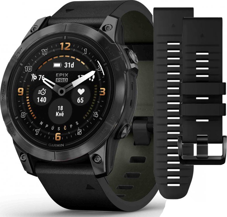 foto Chytré hodinky Garmin Epix Pro (Gen 2) Sapphire 47 mm Carbon Gray DLC Titanium/Black Leather Band