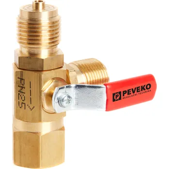 Ventil TK-L | Třícestný zkušební manometrový kohout na vodu, vzduch, topné plyny a kyslík, PN 25, DIN 16 263 Médium: Voda, vzduch, Připojovací rozměr - vstup: Závitový s čepem G1/2, Připojovací rozměr - výstup: Otočná matice G1/2