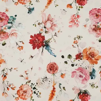 Šatovka žakárová N5908, světle meruňková, barevné květy, š.150