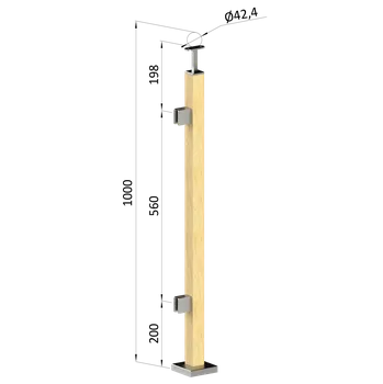 Zábradlí KOVIAN, s.r.o. dřevěný sloup, vrchní kotvení, výplň: sklo, levý, vrch pevný (40x40mm), materiál: buk, broušený povrch bez nátěru