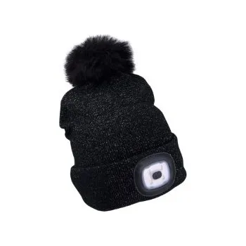 Pokrývka hlavy čepice s čelovkou 4x45lm, USB nabíjení, černá se třpytkou a bambulí, univerzální velikost,