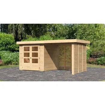Zahradní domek Dřevěný domek KARIBU ASKOLA 2 + přístavek 2,4 m včetně zadní a boční stěny Varianta: dřevěný domek KARIBU ASKOLA 2 + přístavek 240 cm včetně zadní a boční stěny (9166) natur LG3216