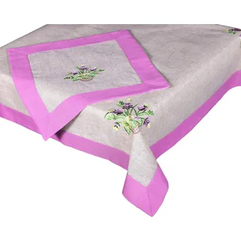 ubrus DekorTextil Ubrus vyšívaný Levandule (fialový lem) - béžový ROZMĚR: 35 x 160 cm - běhoun