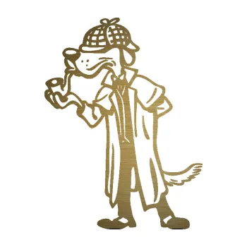 Polep vozidla SAMOLEPKA Pes 187 levá detektiv s dýmlou (64 - škrábaný kov zlatý) NA AUTO, NÁLEPKA, FÓLIE, POLEP, TUNING, VLASTNÍ TEXT, TISK, AUTOSAMOLEPKY.cz, POLEPY, OBRÁZEK, LOGO, SAMOLEPKY