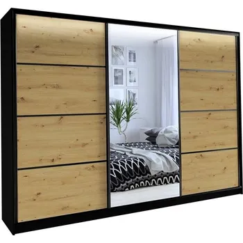 Šatní skříň Nejlevnější nábytek Harazia 250 se zrcadlem - černý mat / dub artisan