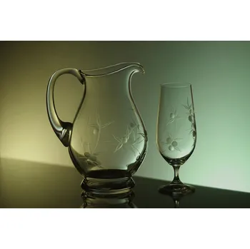 Sklenice džbán 1,5l + 6 ks Lara 380 ml na pivo s rytinou bobule - ručně ryté (broušené), dárek pro ženu