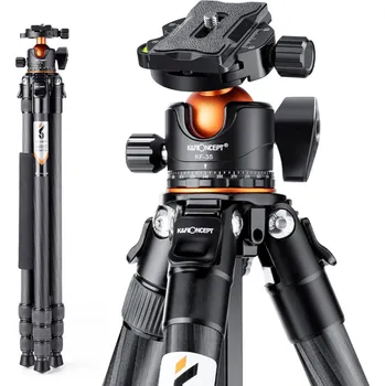 K&F 1.7m Carbon Fiber Travel Tripod Max Height,lightweight tripod 15kg Load for DSLR Cameras A254C4+BH-35L