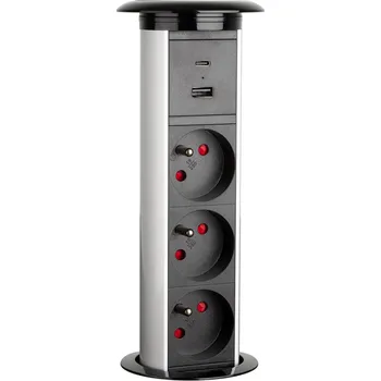 Elektrická zásuvka Interex design Automatická výsuvná zásuvka MORGAN 3x230V + 2xUSB A+C / Hliník