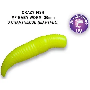 Umělá nástraha Gumová nástraha Crazy Fish Trout Baby Worm MF Floating 30mm 06 Chartreuse - Kreveta (12ks)