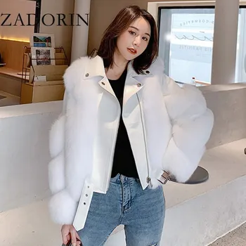 Dámská bunda 2v1 zimní bunda kožený křivák + kožich Barva: Bílá, Velikost: 4XL