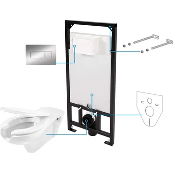 Klozet Deante Vital, závěsná podomítková sestava 6v1, wc mísa + sedátko + rám + chromové tlačítko, CDVS6WPW