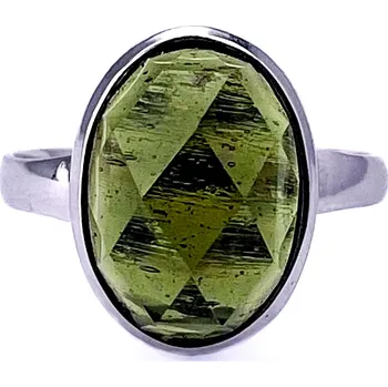 Prsten Vltavín Moldavite Zlatý prsten s broušeným vltavínem z bílého zlata 1,5 cm 1,2 cm 3,170gr. 54 mm