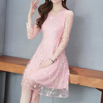 Dámské šaty Čína Elegantní společenské šaty s dlouhým rukávem, s dvojvrstvým efektem a drobnými vyšívanými kvítky Barva: růžová (Long Sleeve Pink, Velikost: 4XL