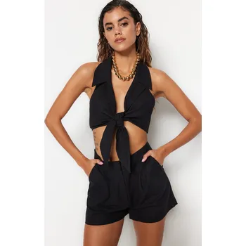 Dámská halenka Trendyol černá tkaná blůza s vázáním a sada kraťasů Trendyol černá 2123085