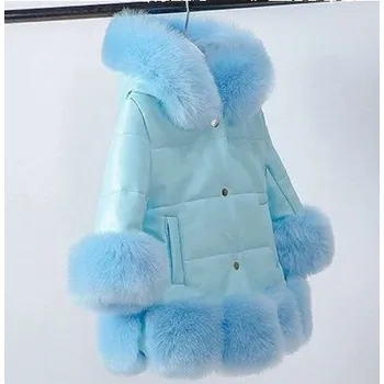 Dívčí zimní kabát z umělé kůže a s kožešinou Barva: modrá, Velikost: 110/4 roky
