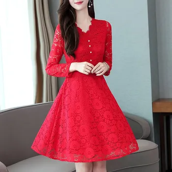 Dámské šaty Čína Elegantní společenské šaty s dvojvrstvým efektem a krajkou Barva: červená (Long Sleeve-Red-C), Velikost: XXL