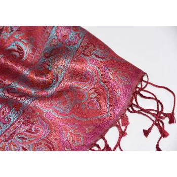 Šála Hedvábná šála Jamawar velká - Karmínově červená s ornamenty