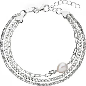 Náramek Trojitý stříbrný náramek z řetízků s bílou perlou 23028.1