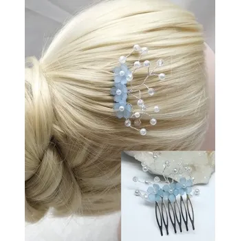 Ozdoba do vlasů Hřebínek Altea svatební s modrými kvítky a perličkami BH29d