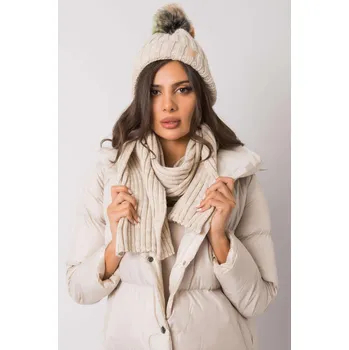 Čepice Komplet - dámská čepice s kožešinkovou bambulí + šála 7140 béžová