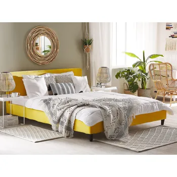Postel Žluté sametové lůžko 180 x 200 cm s rámem a čelem Beliani