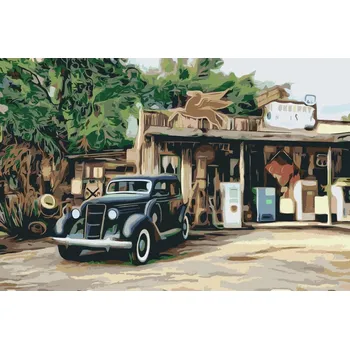 Malování podle čísel - Auto na pumpě Velikost: 40x60cm, Rámování: Pouze srolované plátno