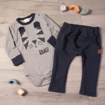 Kojenecká souprava Bavlněná 2 -dílná sada, 1x body dl. rukáv, tepláčky K-Baby - Tygřík, granát/šedá 80 (9-12m)