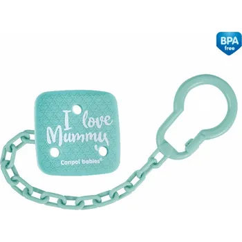 Řetízek na dudlík hranatý - I LOVE MUMMY mátový - Canpol