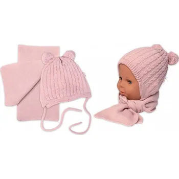 Kojenecká čepice Zimní čepice na zavazování s bambulky + šál, Baby Nellys - pudrově růžová, Velikost koj. oblečení 62-68 (3-6m)