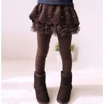 Dívčí zateplené legíny s volánkovou sukýnkou s perličkami Barva: Kávová, Velikost: 120/6 let