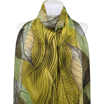 Šála Dámský teplý obdélníkový šál 3015-43 abstraktní listy se zlatou nitkou, žluté barvy 7200671-2