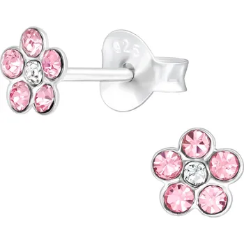 Náušnice Dětské stříbrné náušnice růžová Květinka s Krystaly Ag 925/1000