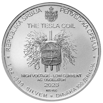 Stříbrná mince Nikola Tesla - The Tesla Coil (Teslův transformátor) 1 Oz 2023 - (8.)