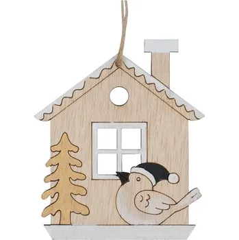 Vánoční dekorace Domek s ptáčkem v černé čepici na zavěšení 7 x 8 cm 30030