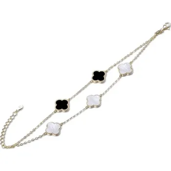 Náramek Stříbrný pozlacený náramek čtyřlístky s perletí a onyxem 16-19 cm JMAS7043XB16 + dárek zdarma