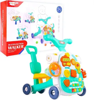 Dětské chodítko Interaktivní chodítko Multifunction Walker 4v1 s hracím stolečkem a košíkovou modré/zelené/bílé