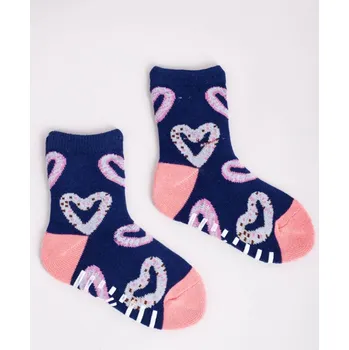 ABS ponožky capáčky YO SKA0020 PROTISKLUZOVÉ tm.modré s lososovou se srdíčky velikosti ponožek: 15-17 (EUR vel. 23-26)
