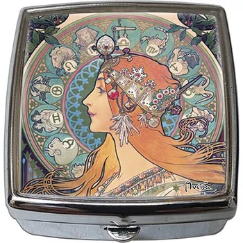 Kosmetické zrcátko Plumeria Plu - Krabička na tablety lékovka-pilulník se zrcátkem A. Mucha Zodiac - 54x58x18 mm